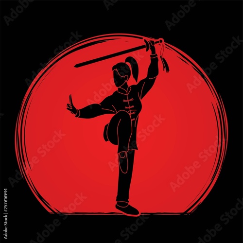 Woman with sword action, Kung Fu pose graphic vector.