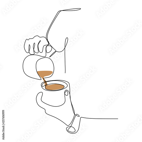 Continuous line drawings pour a cup of coffee.