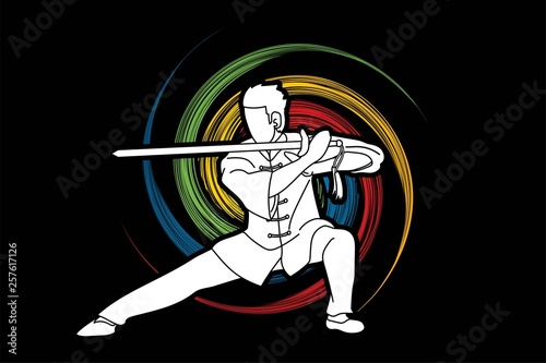 Man with sword action, Kung Fu pose graphic vector.