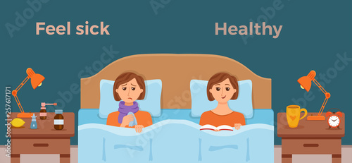 Sick girl in bed the symptoms of cold, flu and feel good healthy male with book