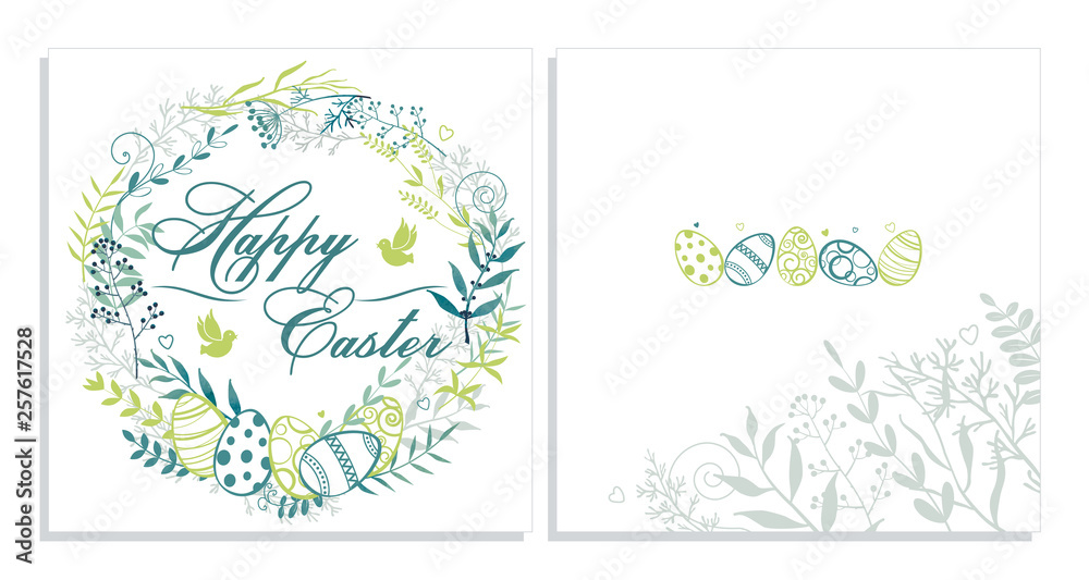 Floral round frame. Easter eggs in a wreath of twigs, herbs, and flowers. Happy Easter greeting inscription with birds. Template for greeting card.