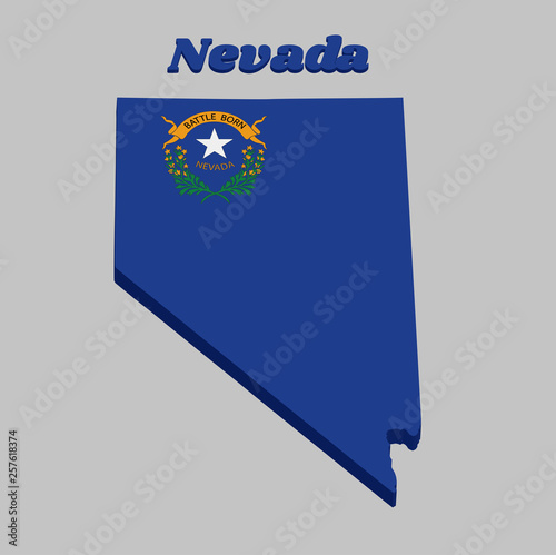 3D Map outline and flag of Nevada, Solid cobalt blue field. The canton contains two sagebrush branches encircling a silver star.