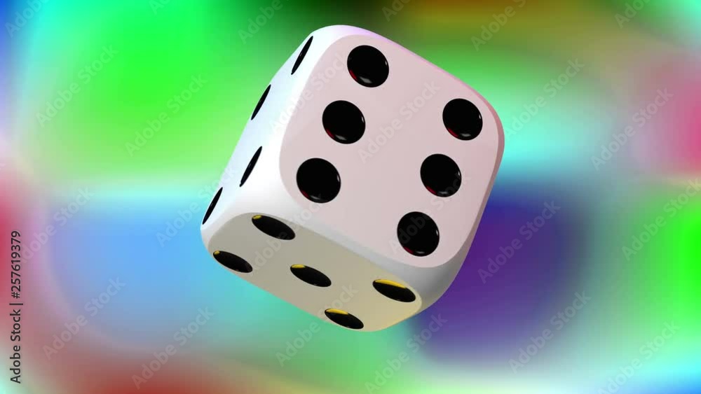 Close up on white playing dice, rotating on a gradient background of many colors.