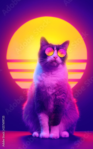Retro wave synth vaporwave portrait of a cat in sunglasses with palm trees reflection. 80s sci-fi futuristic fashion poster style violet neon aesthetics.