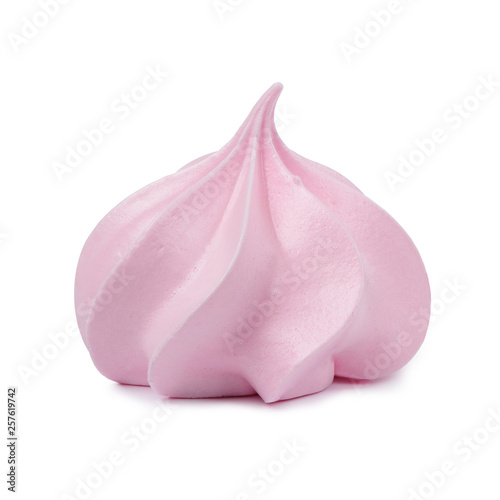 Meringue cookie isolated. Sweet crispy pink twisted meringue on white background. photo