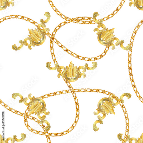 Baroque print with golden chains, golden key, pearls,  belts, baroque elments. Seamless Baroque vector pattern. Vector patch for print, fabric, scarf design