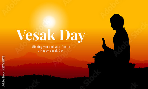 vesak day banner with Silhouette Big Buddha statue on mountain view in evening time vector design