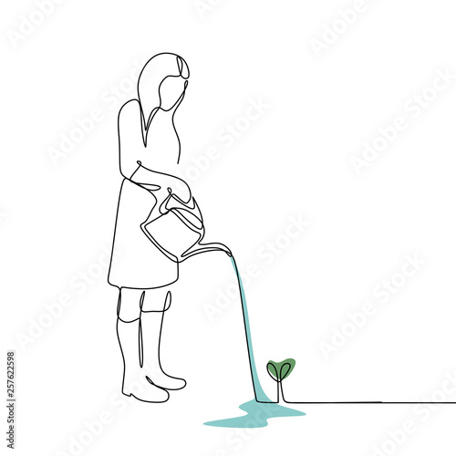 continuous line drawing of a woman watering a plant.