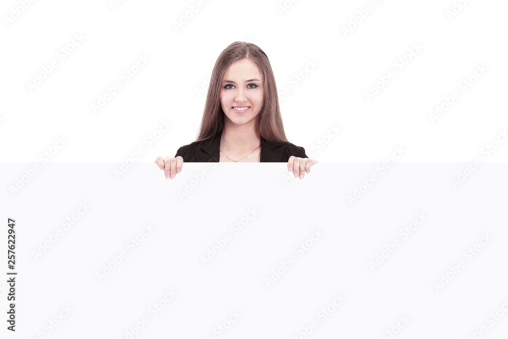 young business woman showing blank poster. isolated on a white young business woman showing blank poster. isolated on a white