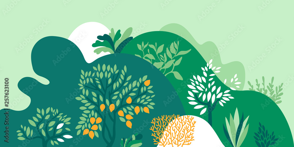 Fototapeta Hilly landscape with trees, bushes and plants. Growing plants and gardening. Protection and preservation of the environment. Earth Day. Vector illustration.