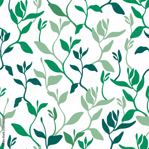 Seamless pattern with leaves, seedlings. Gardening, growing plants. Background for surfaces. Vector illustration.