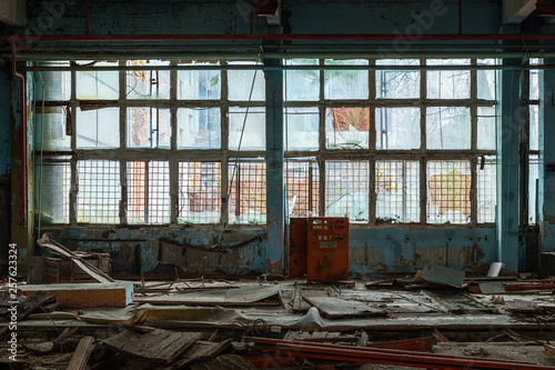Large industrial windows in Jupiter Factory, Chernobyl Exclusion Zone 2019