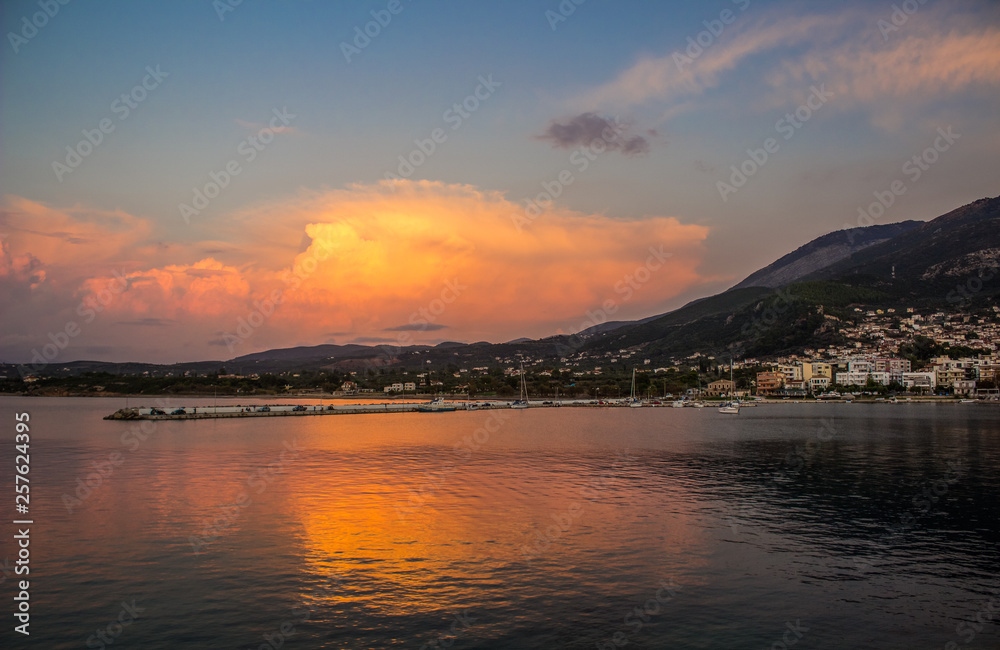 Fototapeta premium soft focus sun rise morning twilight waterfront harbor small village on tropic mountain island