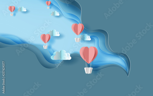 3d paper art of red heart balloons air fly on sky .Blue abstract paper wave layer cut background.Creative Paper craft style of cover design idea for festival and holiday banner template design.vector.