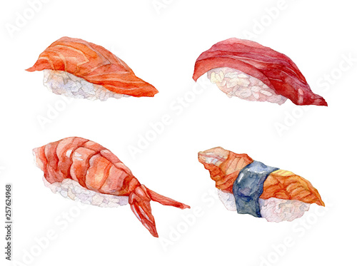 Wallpaper Mural Sushi set. Salmon and shrimp. Tuna and eel fish. Watercolor illustration. Torontodigital.ca