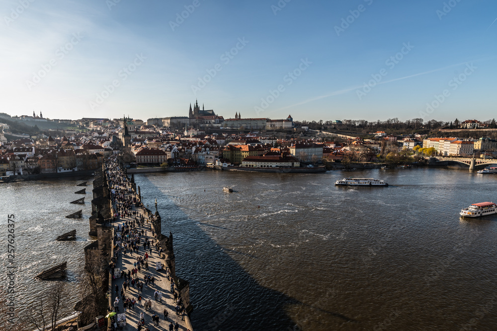 View of colorful old town and Prague castle with river Vltava, Czech Republic