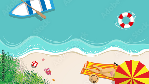 sexy woman in bikini swimming suit take sunbathing on the beach with boat floating over the blue sea with copy space. recreation on summer holiday concept