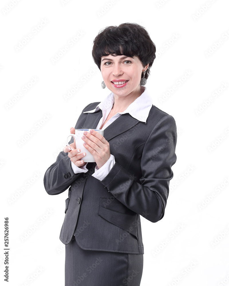 Smiling Business woman hold white coffee cup. Smiling Business woman hold white coffee cup.