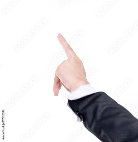 close up. business woman pointing to copy space