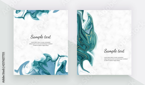 Liquid design cards on the marble texture. Blue with golden glitter ink painting background. Trendy templates for banner, flyer, poster, save the date, greeting