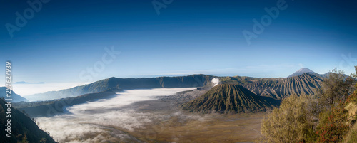 Panoramic view of of Mountain Bromo, Bromo Tengger Semeru National Park in East Java, Indonesia photo