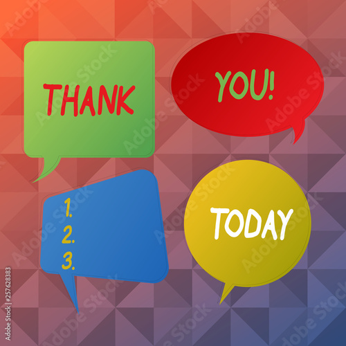 Word writing text Thank You. Business photo showcasing polite expression used when acknowledging gift service compliment Blank Speech Bubble Sticker in Different Shapes and Color for Multiple Chat
