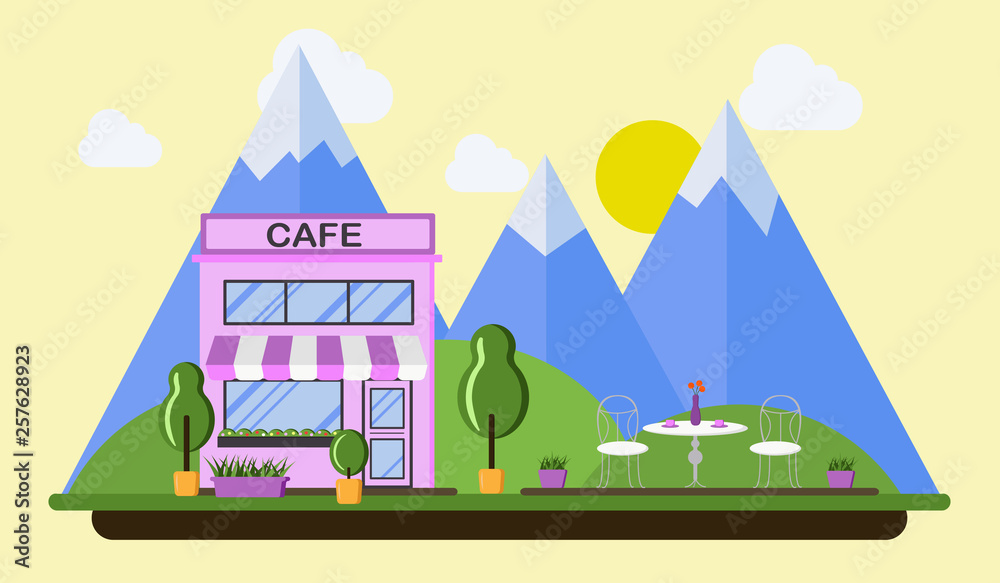 Landscape cafe on the background of mountains. Vector illustration Landscape cafe on the background of mountains. Vector illustration