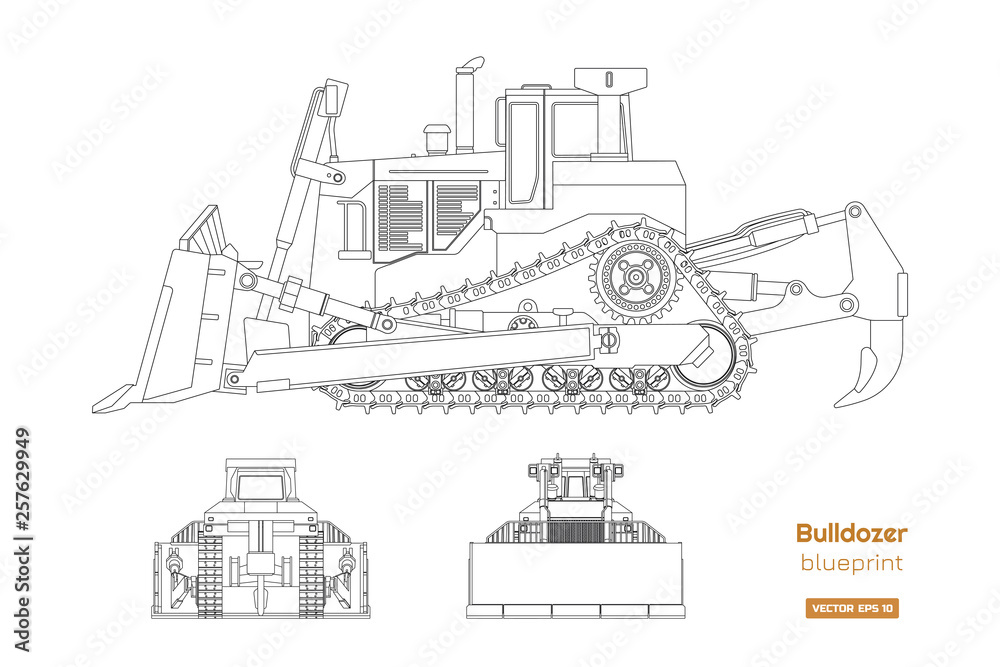 Bulldozer in outline style. Front, side and back view of digger. Building machinery image. Industrial isolated drawing of dozer. Diesel vehicle blueprint