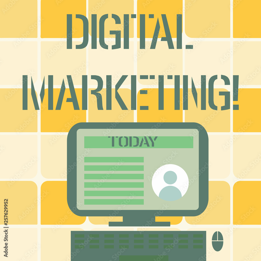 Conceptual hand writing showing Digital Marketing. Concept meaning market products or services using technologies on Internet Computer Mounted on Stand with Online Profile Data on Screen Conceptual hand writing showing Digital Marketing. Concept meaning market products or services using technologies on Internet Computer Mounted on Stand with Online Profile Data on Screen
