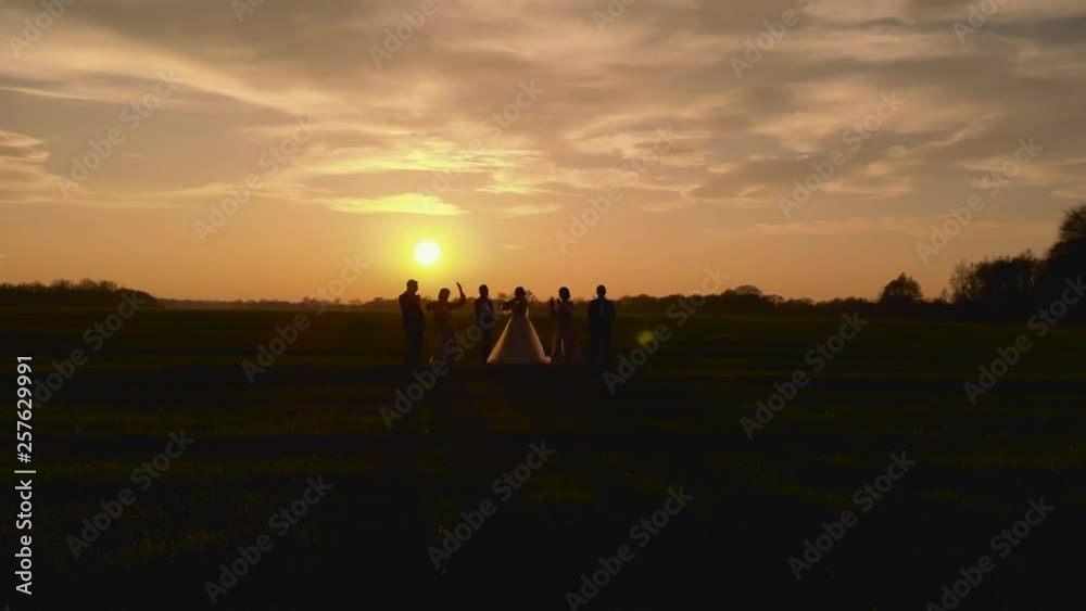 the bride and groom beautiful young couple. run on the field with wheat at sunset silhouette of sunlight. 4k the bride and groom beautiful young couple. run on the field with wheat at sunset silhouette of sunlight. 4k