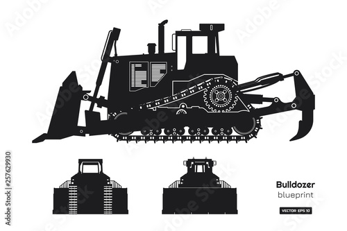 Black silhouette of bulldozer. Front, side and back view of digger. Building machinery image. Industrial isolated drawing of dozer. Diesel vehicle blueprint photo