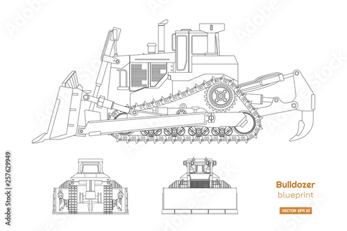 Bulldozer in outline style. Front, side and back view of digger. Building machinery image. Industrial isolated drawing of dozer. Diesel vehicle blueprint photo