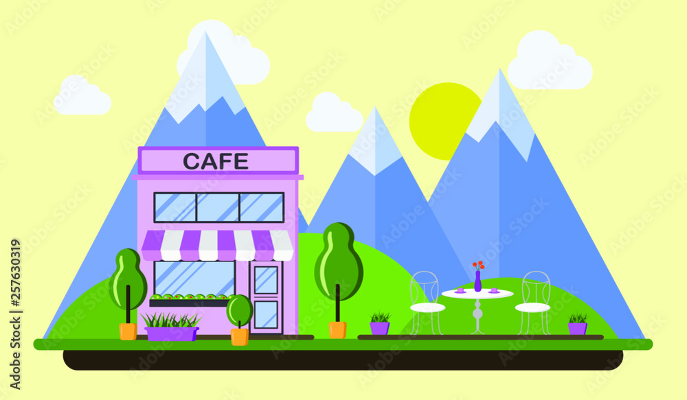 Landscape cafe on the background of mountains. Vector illustration