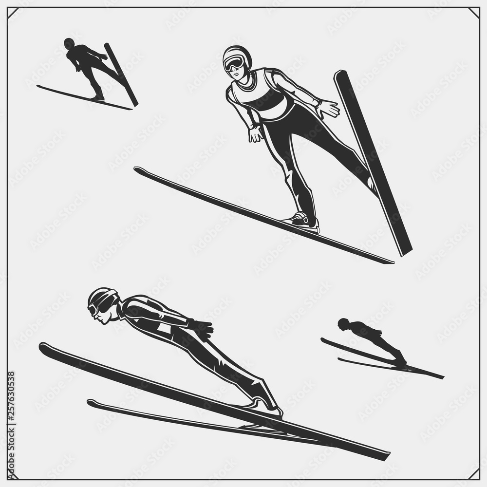 Vector set of Ski jumping emblems. labels, badges and design elements.  Print design for t-shirt. Sport club emblems. Stock Vector | Adobe Stock