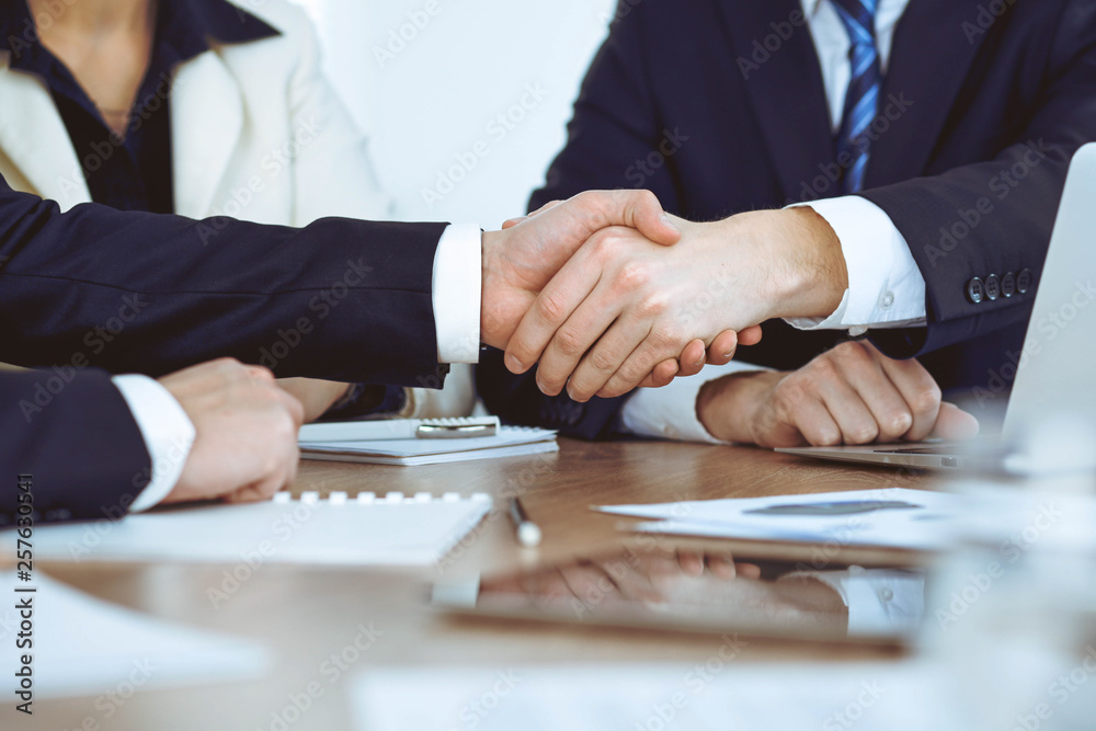 Business people shaking hands at meeting or negotiation in the office. Handshake concept. Partners are satisfied because signing contract Business people shaking hands at meeting or negotiation in the office. Handshake concept. Partners are satisfied because signing contract