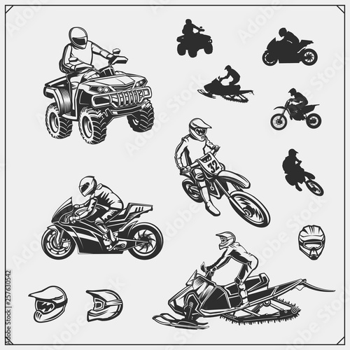 Set of motor sport, snowmobile, quad bike illustrations. Motocross jumping riders, moto trial, freestyle and racing. Print design for t-shirt and sport club emblems and dedign elements.
