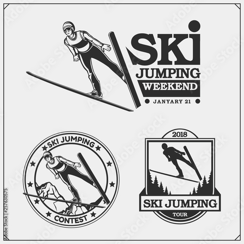 Vector set of Ski jumping emblems. labels, badges and design elements. Print design for t-shirt. Sport club emblems.