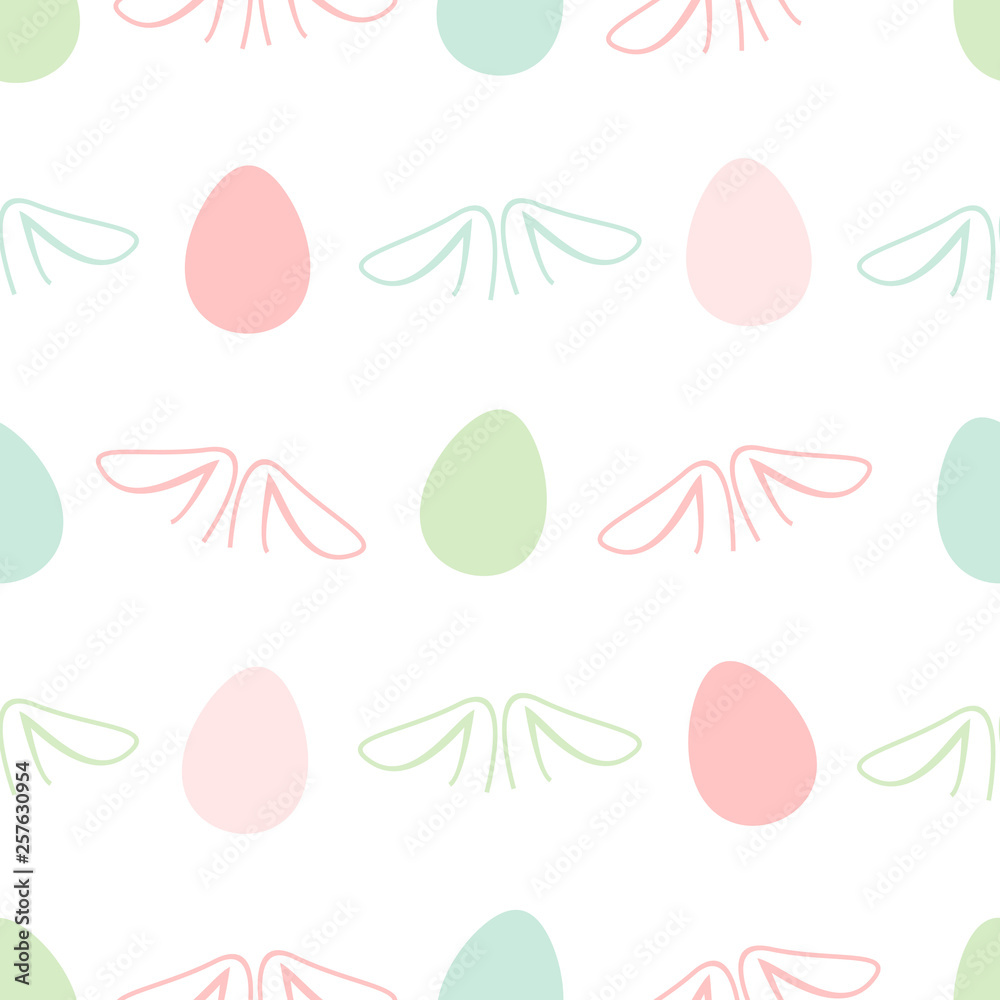 Seamless abstract pattern with ear rabbits of different pastel colors. White background. Decorative holiday wallpaper, good for printing. Cute Vector illustration. Flat design