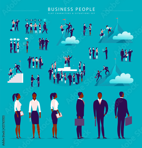 Vector flat illustration with business people office characters & metaphor isolated on blue background. Concept portraits for different business situations - partnership, idea, achievement, aspiration