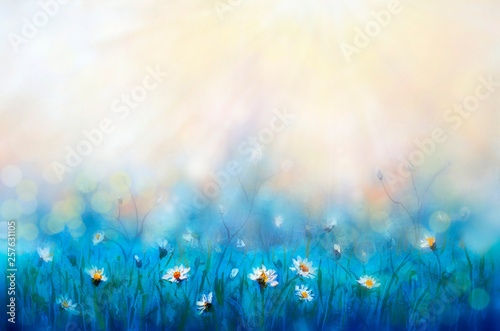 Fototapeta Naklejka Na Ścianę i Meble -  Spring painting forest white flowers primroses on beautiful sunny background macro. Blurred gentle sky-blue background. Floral nature background, free space for text. Romantic soft gentle artistic