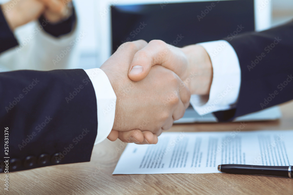 Business people shaking hands at meeting or negotiation in the office. Handshake concept. Partners are satisfied because signing contract Business people shaking hands at meeting or negotiation in the office. Handshake concept. Partners are satisfied because signing contract