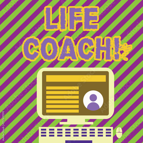 Handwriting text writing Life Coach. Conceptual photo demonstrating employed to help showing attain their goals career Desktop Computer Mounted on Stand with Online Profile Data on Monitor Screen