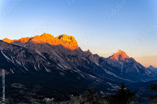 Great evening scene of Dolomite Alps, Cortina d'Ampezzo, southern Alps in the Veneto region of Northern Italy, Europe. Scenic view of majestic mountains in autumn time.