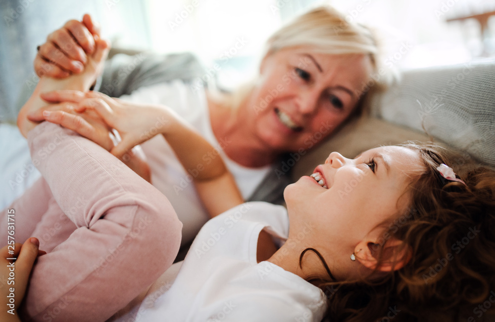 A portrait of small girl with grandmother having fun at home. A portrait of small girl with grandmother having fun at home.