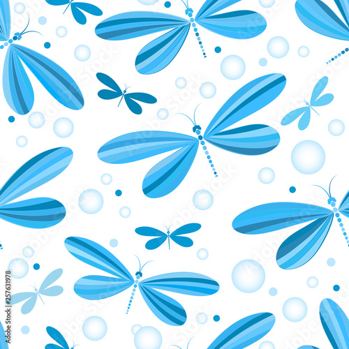 Seamless pattern with blue striped dragonflies