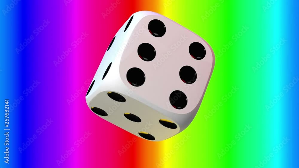 Close up on white playing dice, rotating on a banded background of many colors. Close up on white playing dice, rotating on a banded background of many colors.