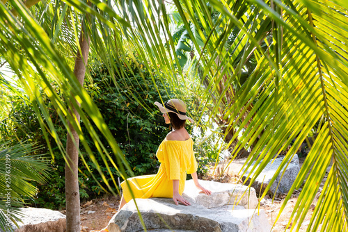 Photography A young girl in a yellow dress and hat sits on a large rock under a Palm tree