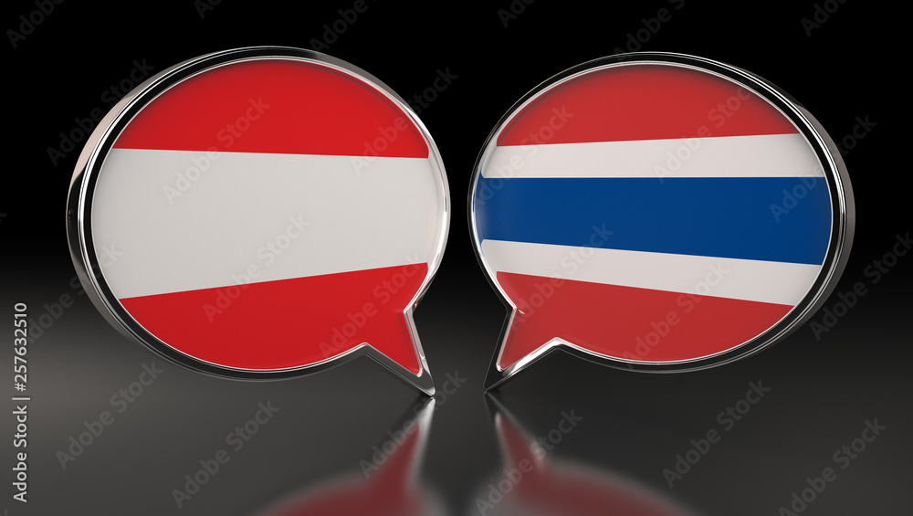 Fototapeta premium Austria and Thailand flags with Speech Bubbles. 3D Illustration