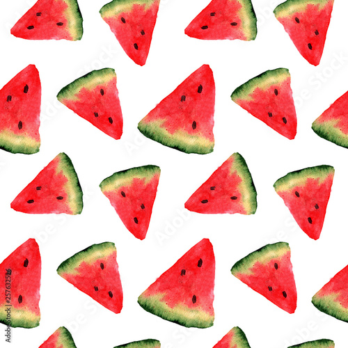 Watercolor slices of watermelons. Seamless repeat pattern for design.