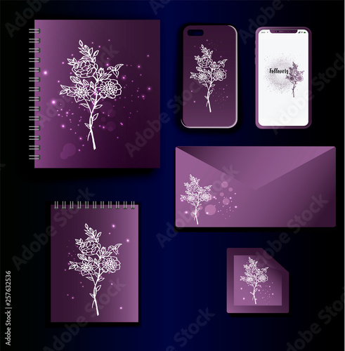 Corporate Identity Style Layout - Beautiful stylish stationery and design for smartphones - Purple gradient and a beautiful bouquet print of flowers. Notebooks on a spring, sheets for notes and a mail